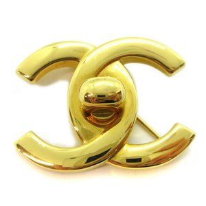 Authentic CHANEL CC Logos Turnlock Motif Brooch Pin Corsage Gold-Tone